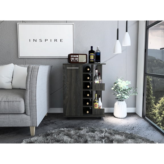 Ebony Cabinet For Liquor - With 6 , 2 Shelves Modern Storage Cart