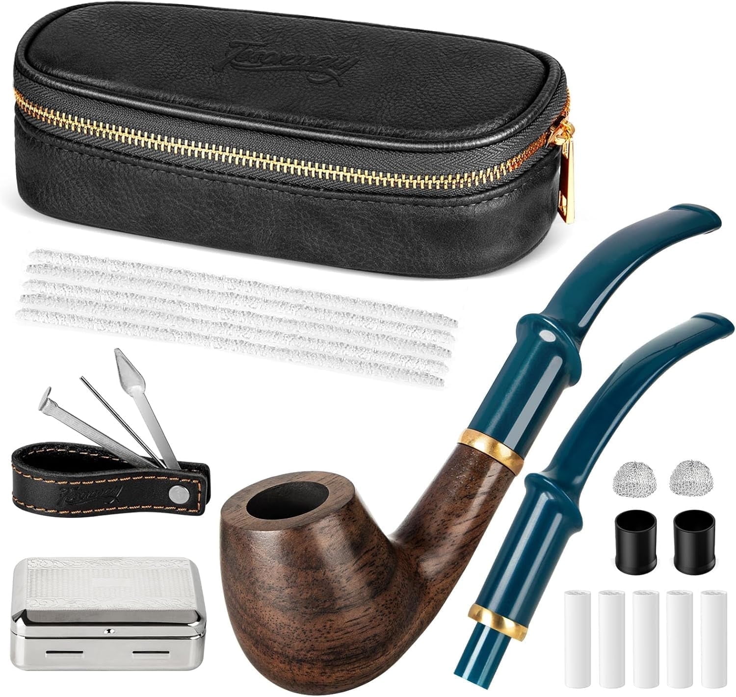 Ebony Pipe Set with Leather Travel Pipe Pouch, Wood Pipe with Replaceable Pipe Stem, 4-in-1 Pipe Stand Tool, Pipe Filters and Pipe Accessories for Pipe Lovers