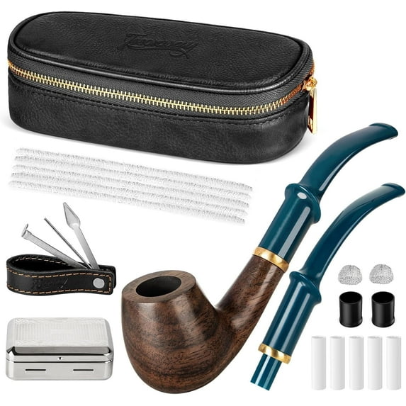 Ebony Pipe Set with Leather Travel Pipe Pouch, Wood Pipe with Replaceable Pipe Stem, 4-in-1 Pipe Stand Tool, Pipe Filters and Pipe Accessories for Pipe Lovers