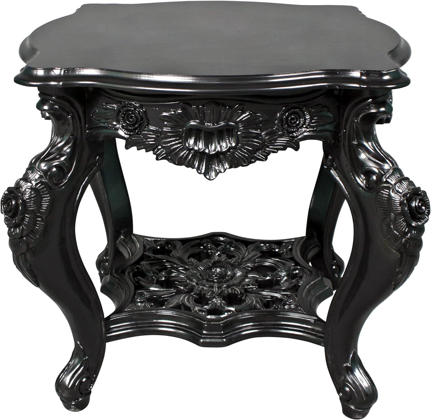 Rococo Ebonized Mahogany Serpentine Side Table with Hand-Carved Rosettes