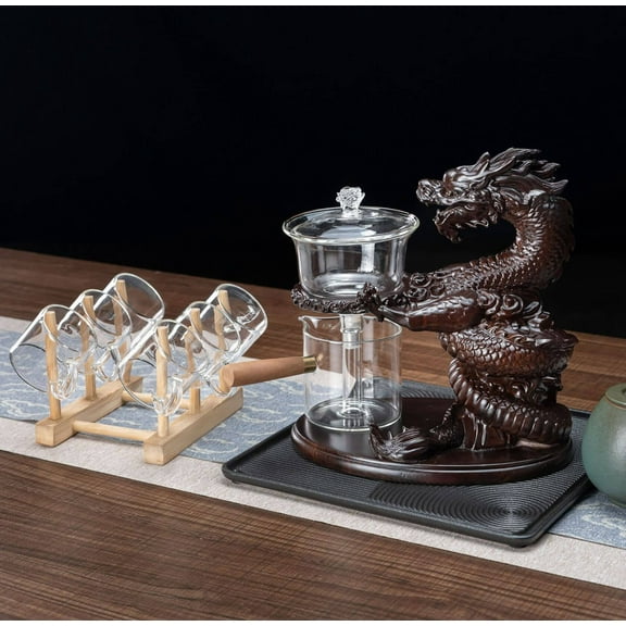 Ebony Solid Wood Glass Tea Pot Set with High Borosilicate Glass Teapot Magnetic Teapot Lazy Kung Tea Pot Set with Infuser Semi Automatic Drip Rotating Design-with 6 cups