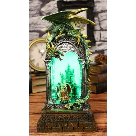 Ebros 10.75"H Green Emerald Dragon On Celtic Columns Statue With LED Night Light