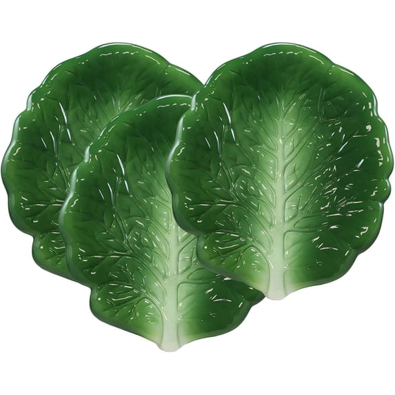 Ebros 10"L Ceramic Fresh Hearty Collard Green Leaf Shaped Serving Plate SET OF 3