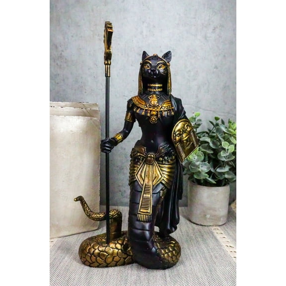 Ebros 11"H Egyptian Bastet Cat With Snake Holding Spear & Shield Statue 11"H