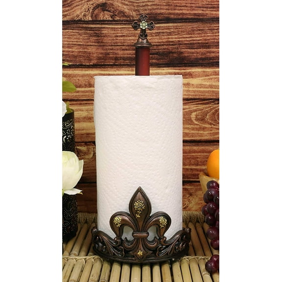 Ebros 16" Tall Rustic Vintage Fleur De Lis Cross Top Crown Paper Towel Holder