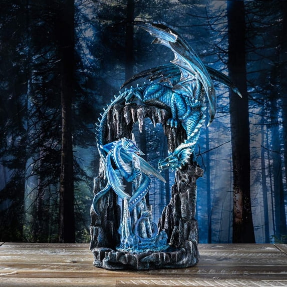 Ebros Gift 20" Blue Frozen Dragon On Cavern with Wyrmling Garden Statues, Decorative
