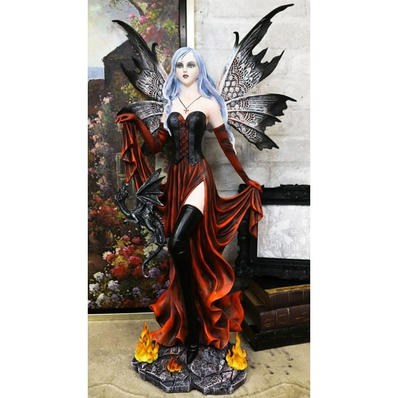 Ebros 24"H Goddess of Fire Elemental Gothic Pyre Fairy With Black Dragon Statue