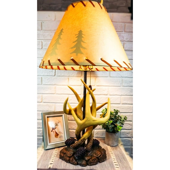 Ebros 26"H Rustic Vintage Design 3 Entwined Antlers And Pine Cones Table Lamp