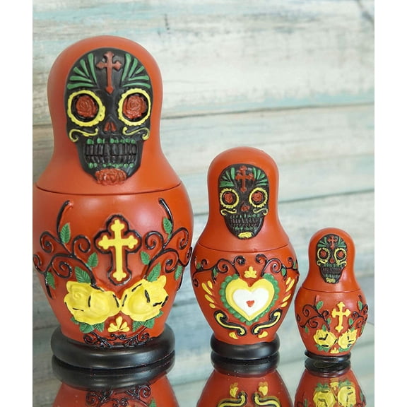 Ebros 3 Piece Set Red Sugar Skulls Nesting Dolls Matroyshka Babushka Figurines