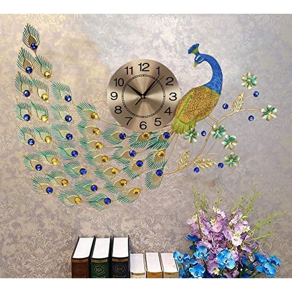 Ebros 30" Wide Large Iridescent Peacock Gold Plated Metal Wall Clock Analog Face