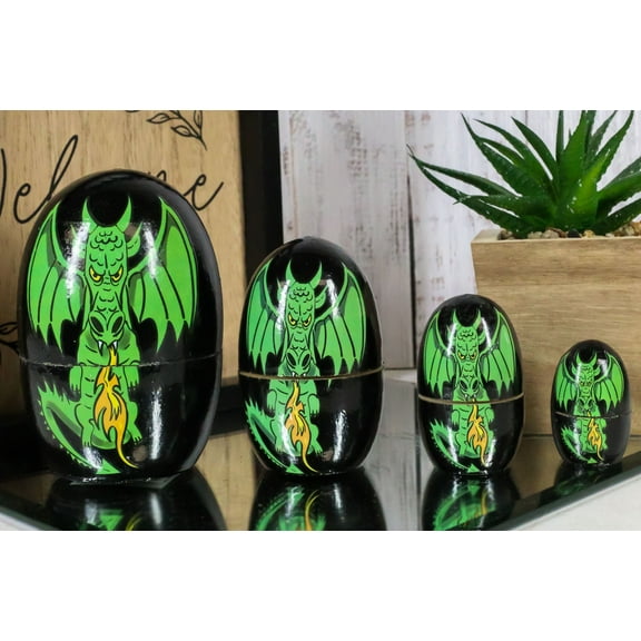 Ebros 5 Piece Set Green Fiery Dragon Nesting Dolls Matroyshka Wooden Figurine