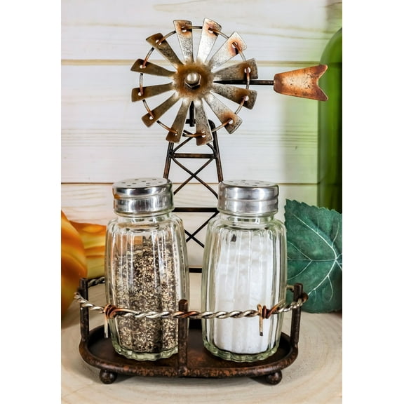 Ebros 6.5"H Rustic Country Farm Windmill Outpost Salt And Pepper Shakers Set