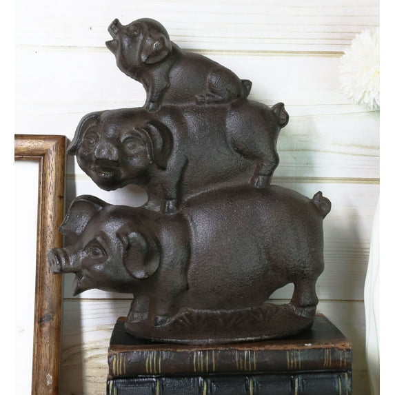 Ebros 9" H Cast Iron Rustic Farmhouse Stacked 3 Little Pigs Decorative Figurine