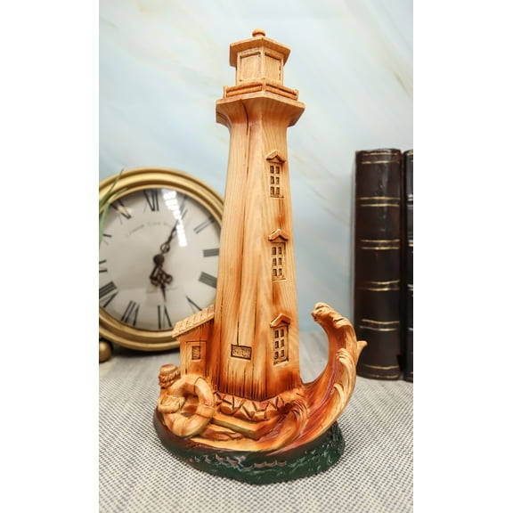 Ebros 9"H Nautical Lighthouse With Life Ring Buoy And Crashing Ocean Wave Statue