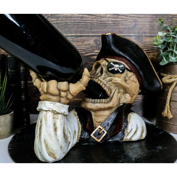 Ebros Ahoy Bootleg Rum Gold Tooth Pirate Captain Hook Skeleton Wine Holder