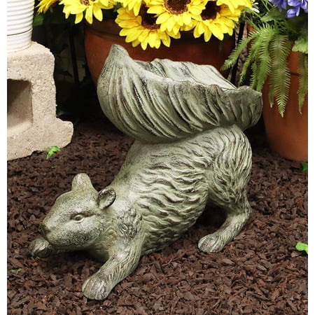 Ebros Aluminum Squirrel Statue w/ Dish Bowl Tail Garden Bird Feeder Bath 15"L
