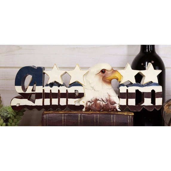 Ebros America Patriotic Bald Eagle Stars Word Art Sign USA Flag Desktop Plaque