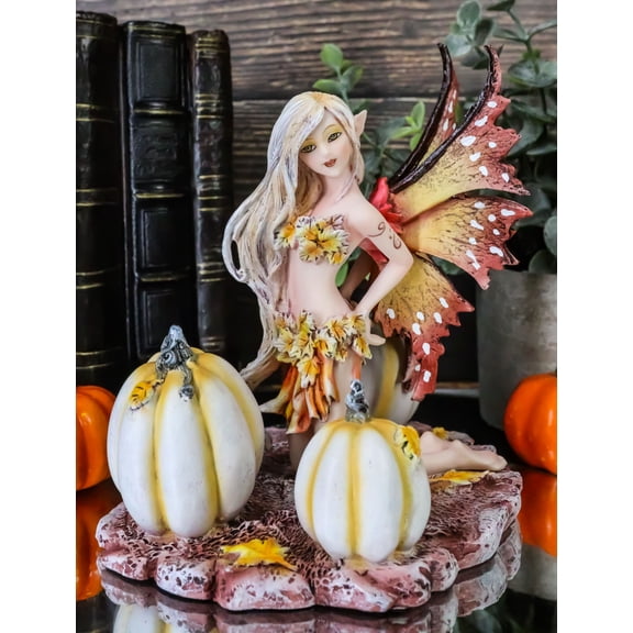 Ebros Amy Brown Autumn Maple Elf Fairy with White Pumpkins Statue 5" Long