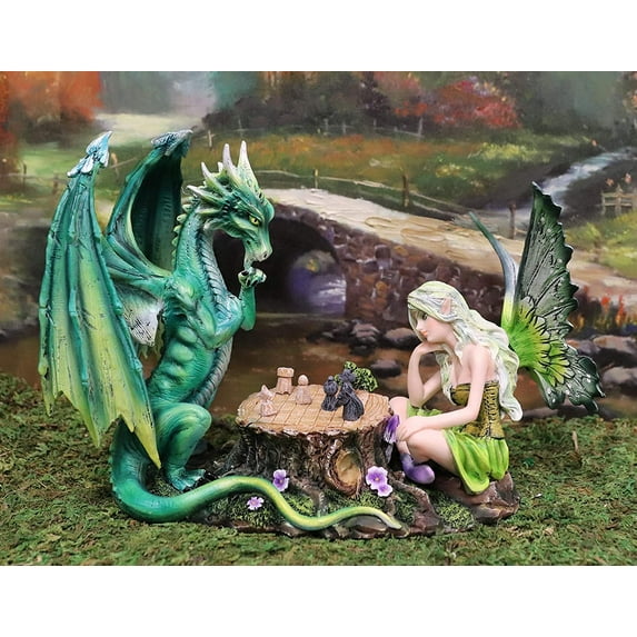 Ebros Amy Brown Elf Earth Fairy With Green Dragon Playing Chess Statue 7"H