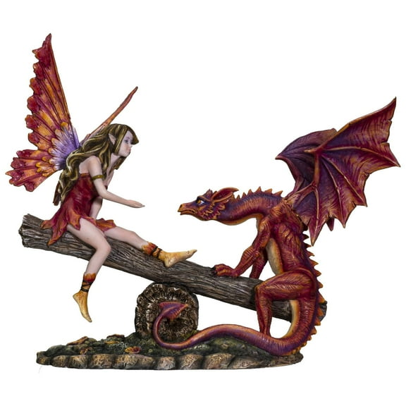 Ebros Amy Brown Elf Fire Fairy with Red Dragon On Wood Logs Seesaw Statue 8.5" H