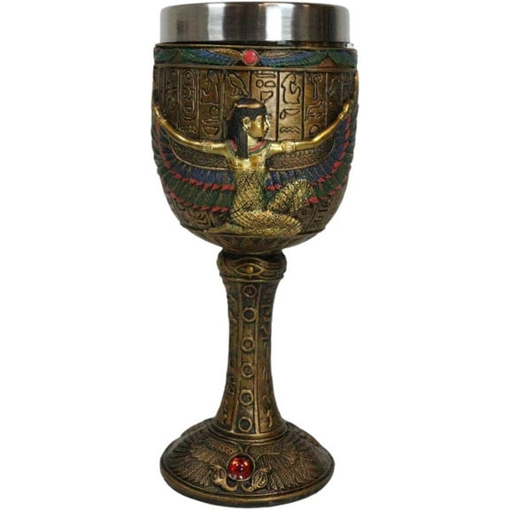 Ebros Ancient Egyptian 6oz Golden Hieroglyphic Wine Goblet Featuring Isis with Open Wings, 7" Tall