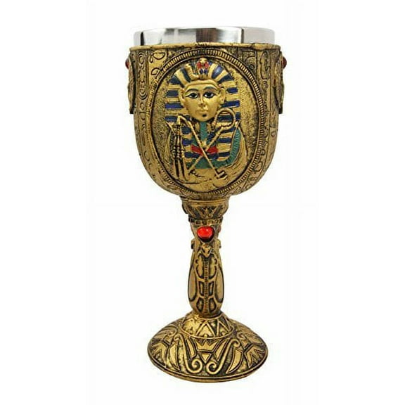 Ebros Ancient Egyptian Wine Goblet In Golden Hieroglyphic Design With Gods Of Egypt Face 6oz 7"Tall (Pharaoh King Tut)