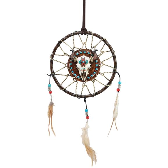 Ebros Animal Totem Spirit Bison Buffalo Skull Dreamcatcher with Beaded Feathers Wall Hanging Decor 6.5" Diameter Decoration Ornament Hanger for Home and Office