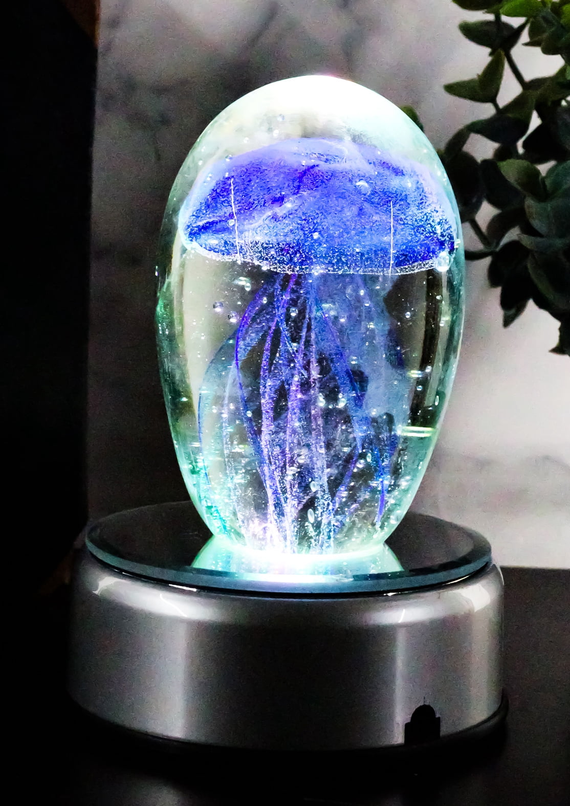 Ebros Art Glass Glow in The Dark Translucent Jellyfish & LED Base (Dark ...