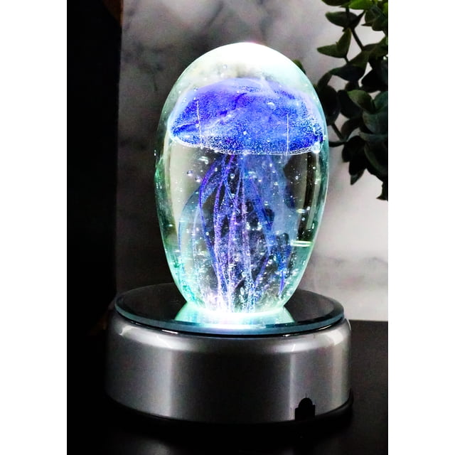 Ebros Art Glass Glow in The Dark Translucent Jellyfish & LED Base (Dark ...