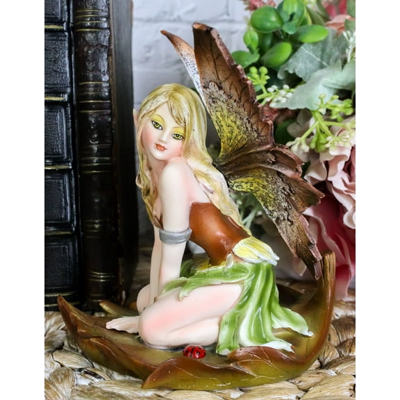 Ebros Autumn Fall Fairy Resting On Fig Leaf Statue 5"Tall Fall Season Fae Pixie