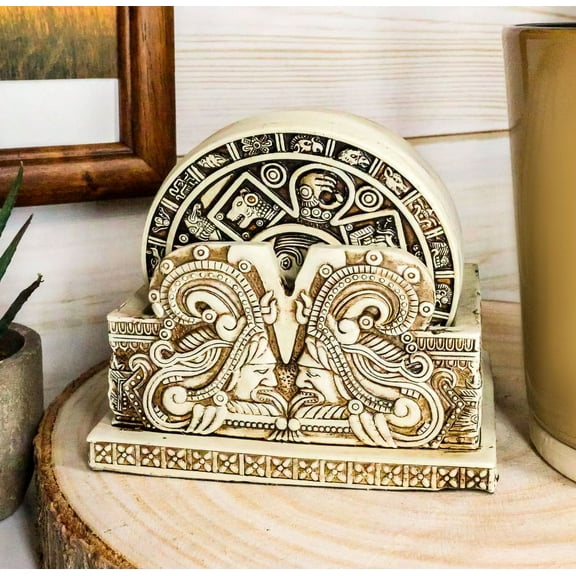 Ebros Aztec Gods Solar Calendar Symbols Set of 6 Coasters With Holder Figurine