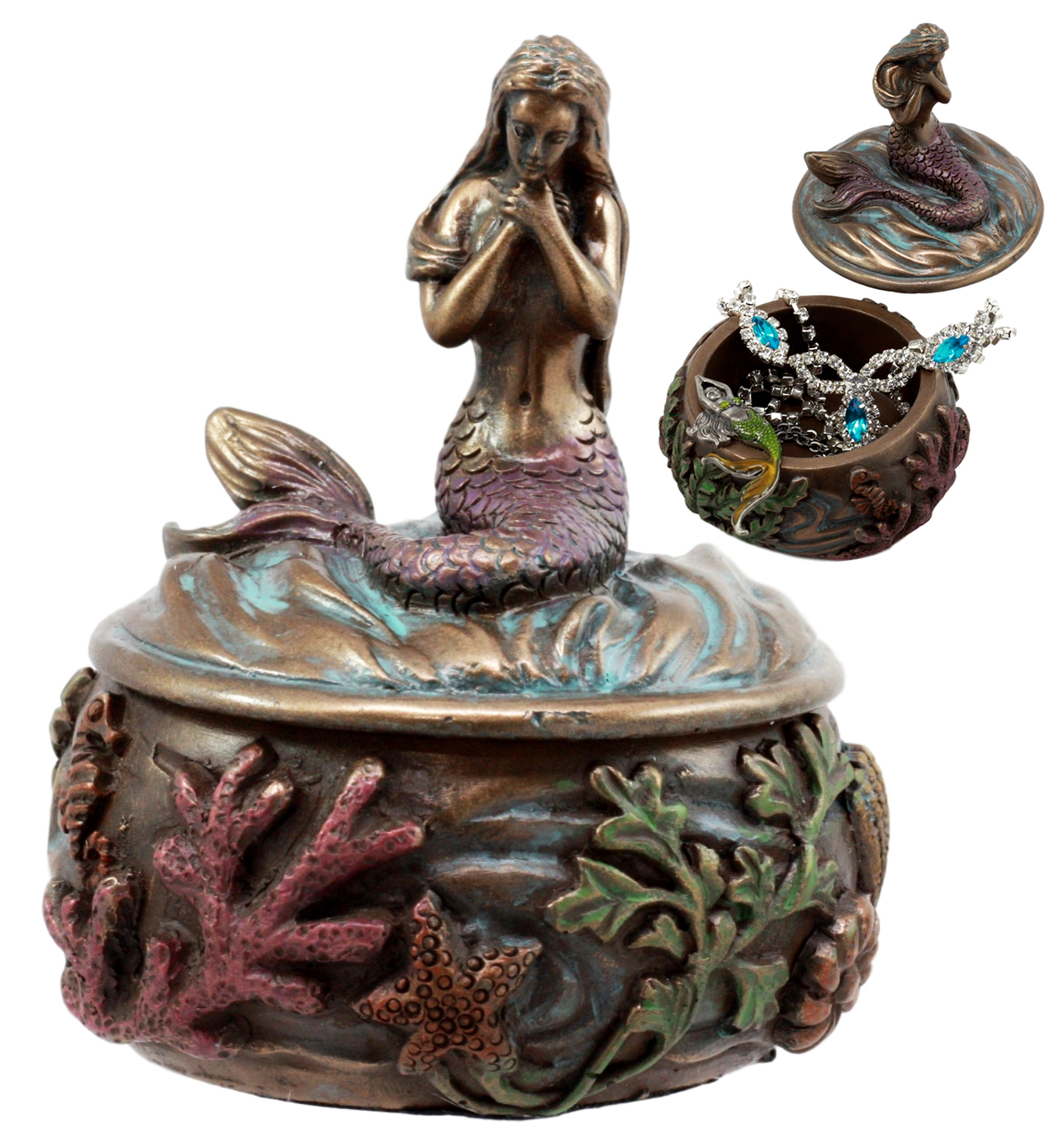 Ebros Beautiful Mermaid Tefiti Praying Round Jewelry Box Figurine 3.25"H Small Nautical Starfish Coral Decorative Trinket Keepsake