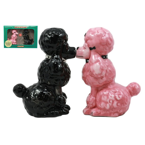 Ebros Black And Pink Chien Canne Poodles Salt And Pepper Shakers Ceramic Figurine Set 4"Tall