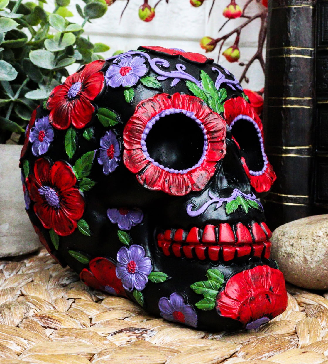 Ebros Black Day of The Dead Floral Blooms Sugar Skull Figurine DOD Skulls  6 L 