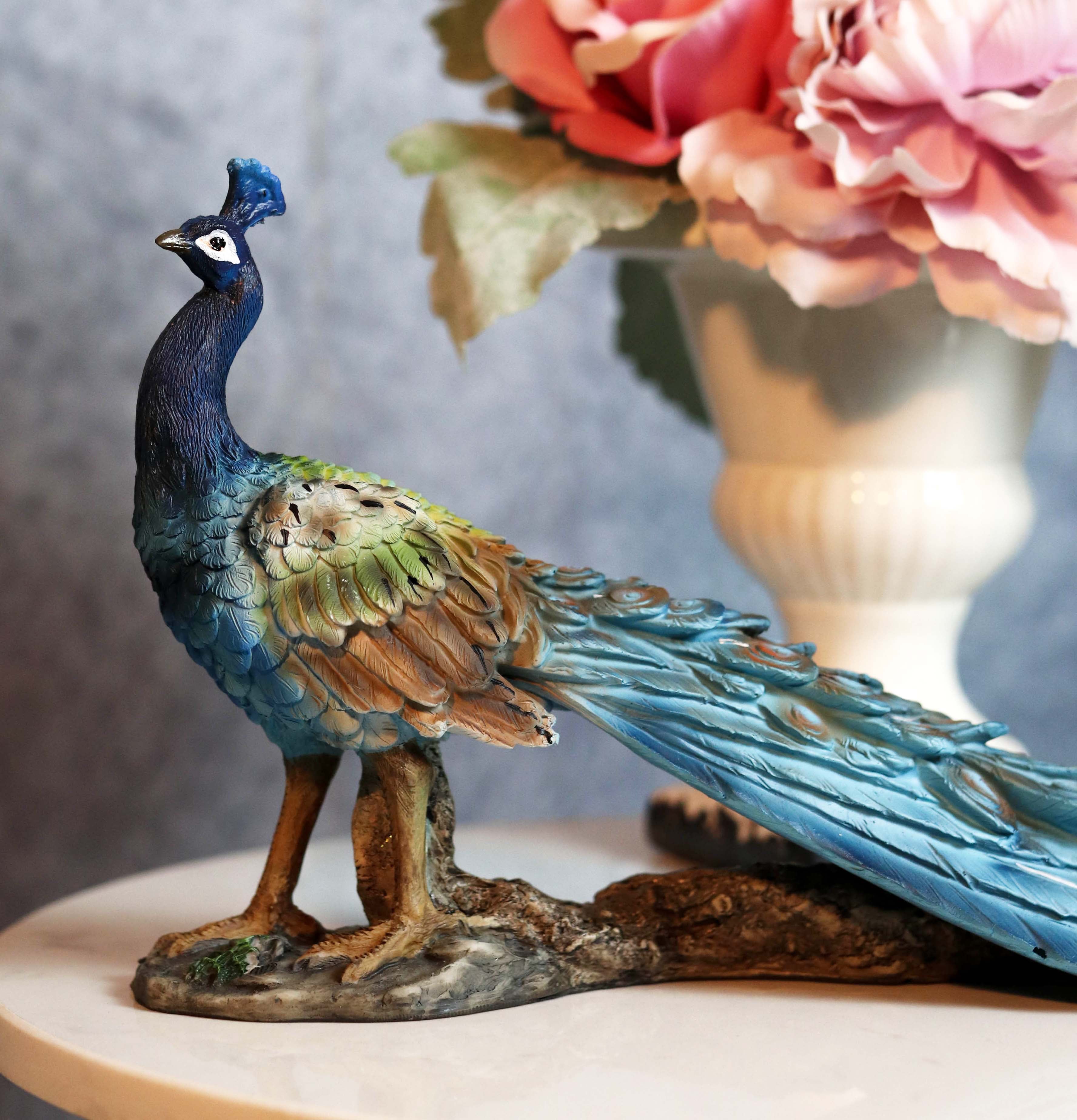 Ebros Blue Peacock with Beautiful Train Feathers Decorative Statue 14 ...