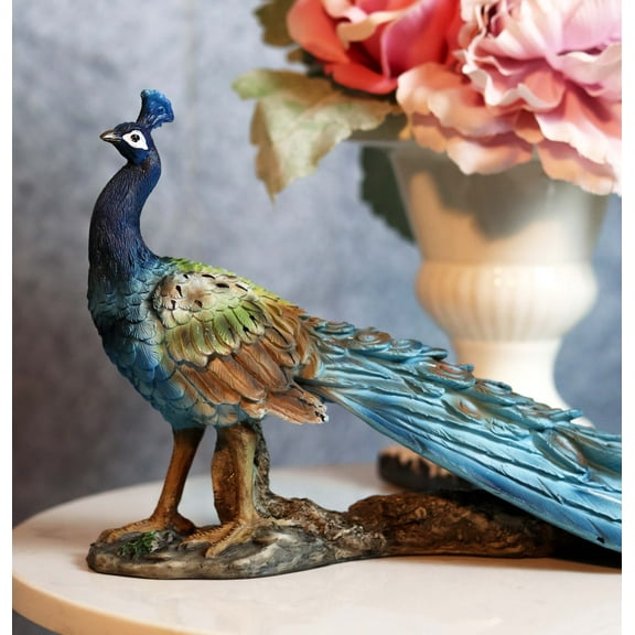 Ebros Blue Peacock with Beautiful Train Feathers Decorative Statue 14" Long
