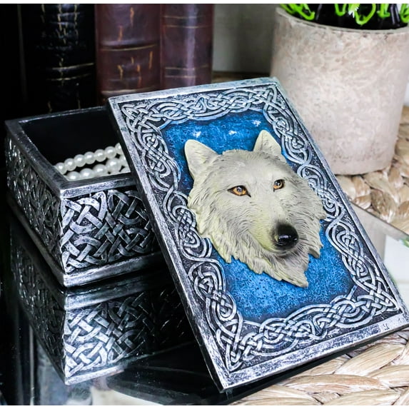 Ebros Blue Starry Night Alpha Grey Wolf Rectangular Decorative Box Trinket