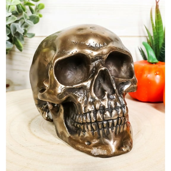 Ebros Bronzed Homosapien Skull Figurine 4.5"L Miniature Halloween Collectible