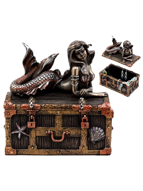 Ebros Bronzed Mermaid Nerida Resting On Sunken Treasure Jewelry Box Figurine 5.25"L Decorative Trinket Keepsake