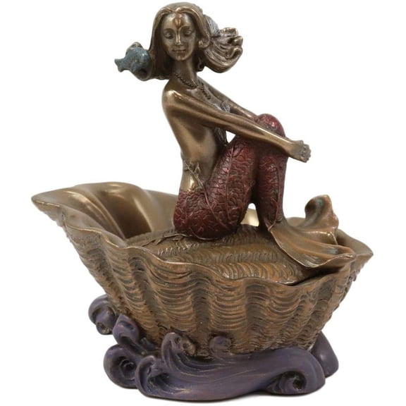 Ebros Bronzed Resin Mermaid On Giant Sea Clam Shell Small Decorative Trinket Box