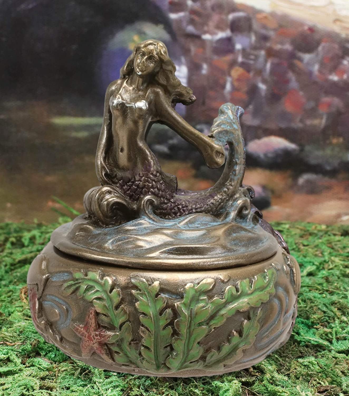 EBROS GIFT Ebros Bronzed Resin Mermaid Sitting Above Ocean Waves Small Round Trinket Box