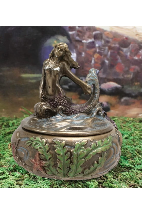 Ebros Bronzed Resin Mermaid Sitting Above Ocean Waves Small Round Trinket Box