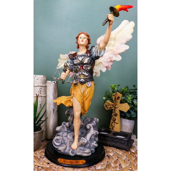 Ebros Byzantine Archangel Saint Uriel Statue with Brass Name Plate Wooden Base