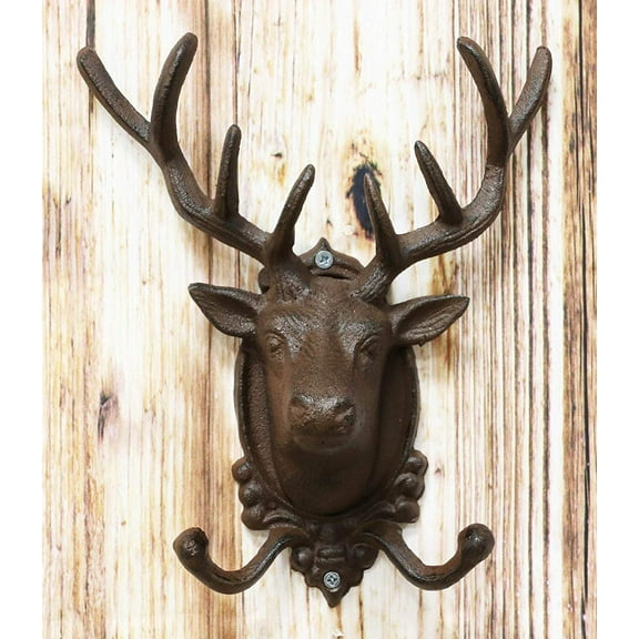 Ebros Cast Iron Rustic Stag Deer Antlers Wall Double Hooks Decor Plaque 10.5" H