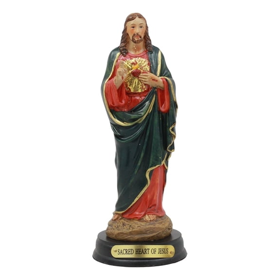 Ebros Catholic Church Sacred Heart Jesus Christ Statue With Brass Plated Title Wood Base 5"Tall Christian Devotional Altar Sculpture
