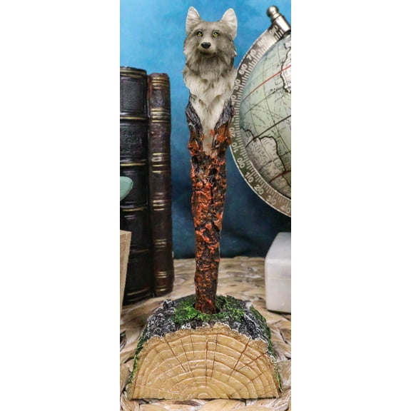 Ebros Celtic Alpha Wolf Hand Painted Pen with Rustic Tree Bark Holder Stand