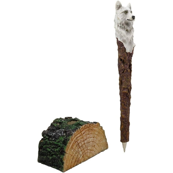 Ebros Celtic White Direwolf Hand Painted Pen with Rustic Tree Bark Holder Stand