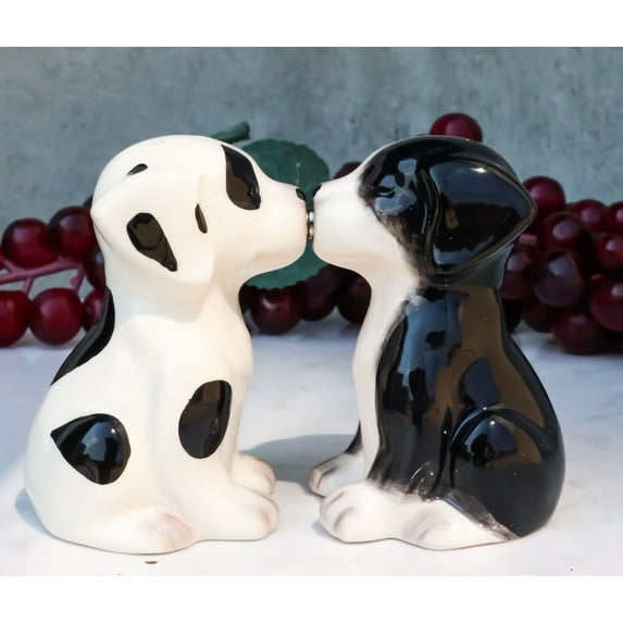 Ebros Ceramic Black & White Mutt Puppy Dogs Kissing Salt And Pepper Shakers Set