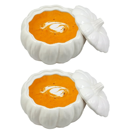 Ebros Ceramic Stoneware White Harvest Pumpkin Bowl With Lid 6"Diameter X 2 Pieces