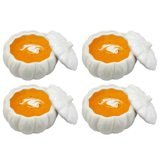 Ebros Ceramic Stoneware White Harvest Pumpkin Bowl With Lid 6"Diameter X 4Pieces